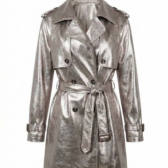 Metallic Silver Distressed Faux Leather Double Breasted Belted Trench Coat - Picture 2 of 6